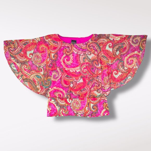 Coco Bianco Pink Paisley Sheer Batwing Blouse Lined Flowing Top Size Large - Picture 9 of 9